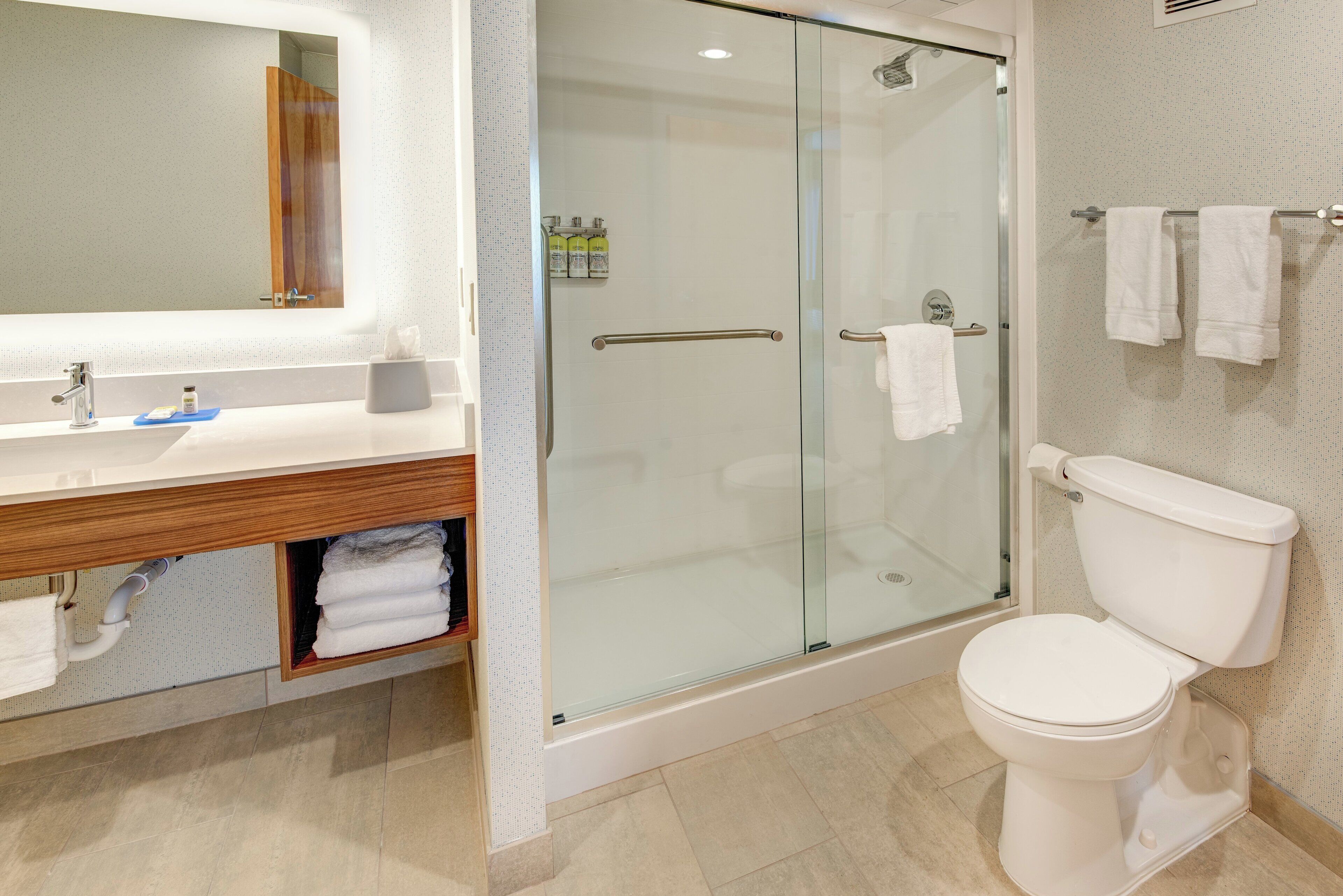 A modern bathroom with a glass-enclosed shower, a white toilet, and a vanity with a mirror and sink.