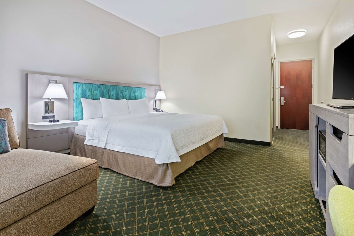 Une chambre d’hôtel avec un lit, un bureau, une chaise, une télévision et une porte.
