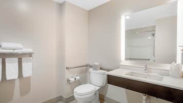 A modern bathroom with a toilet, sink, and mirror.