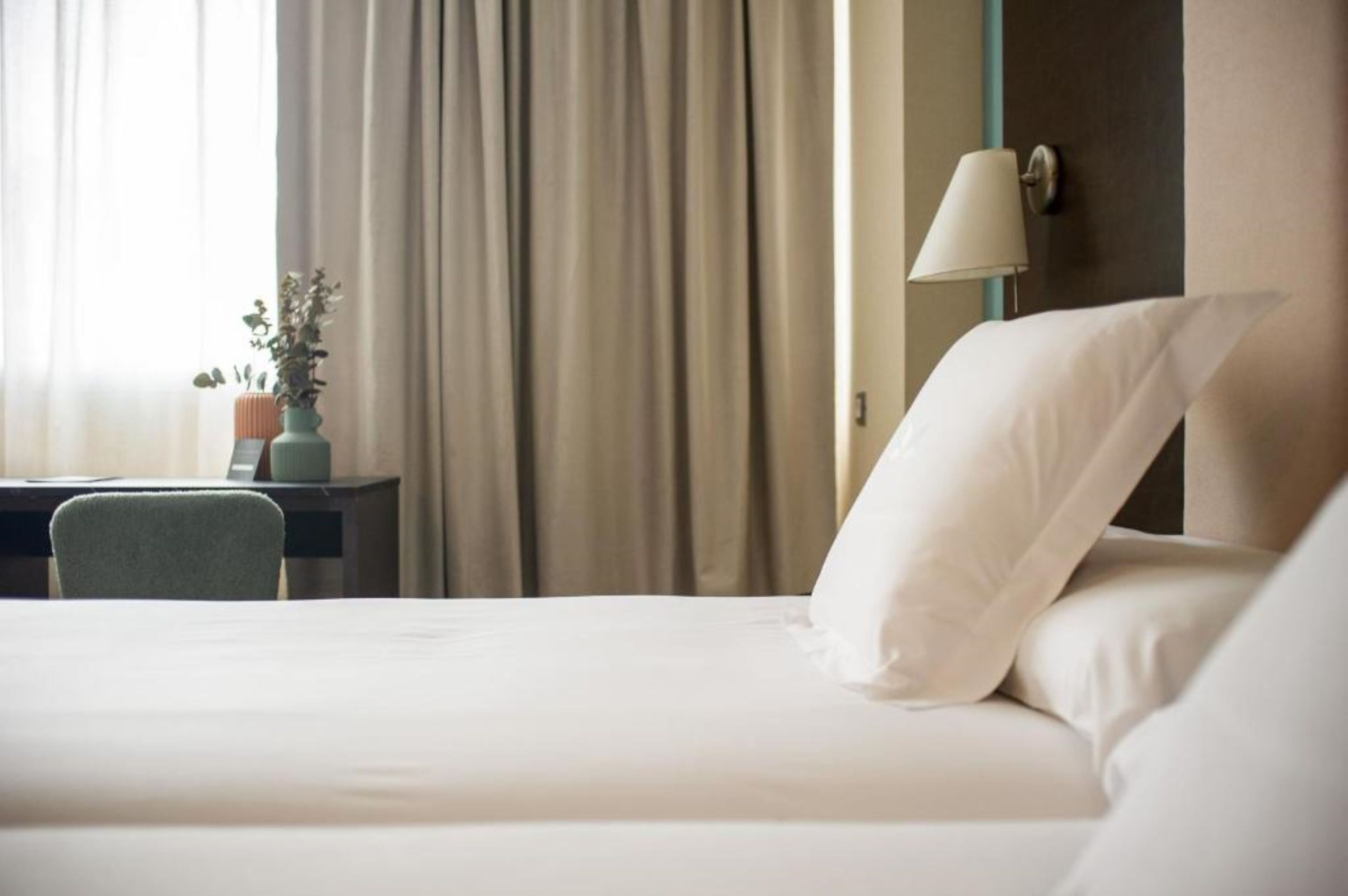 A hotel room with a bed, a desk, a lamp, and a plant.