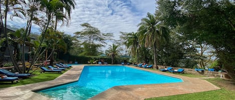 Una piscina al aire libre, sombrillas, sillones reclinables de piscina