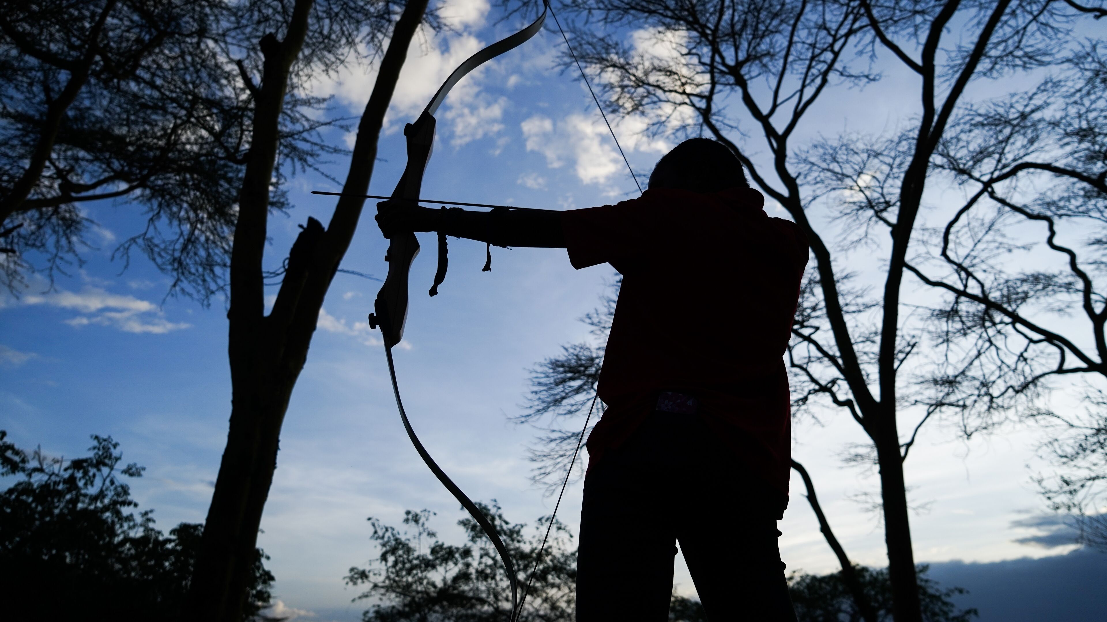 A silhouette of a person with a bow and arrows against a sky with clouds.