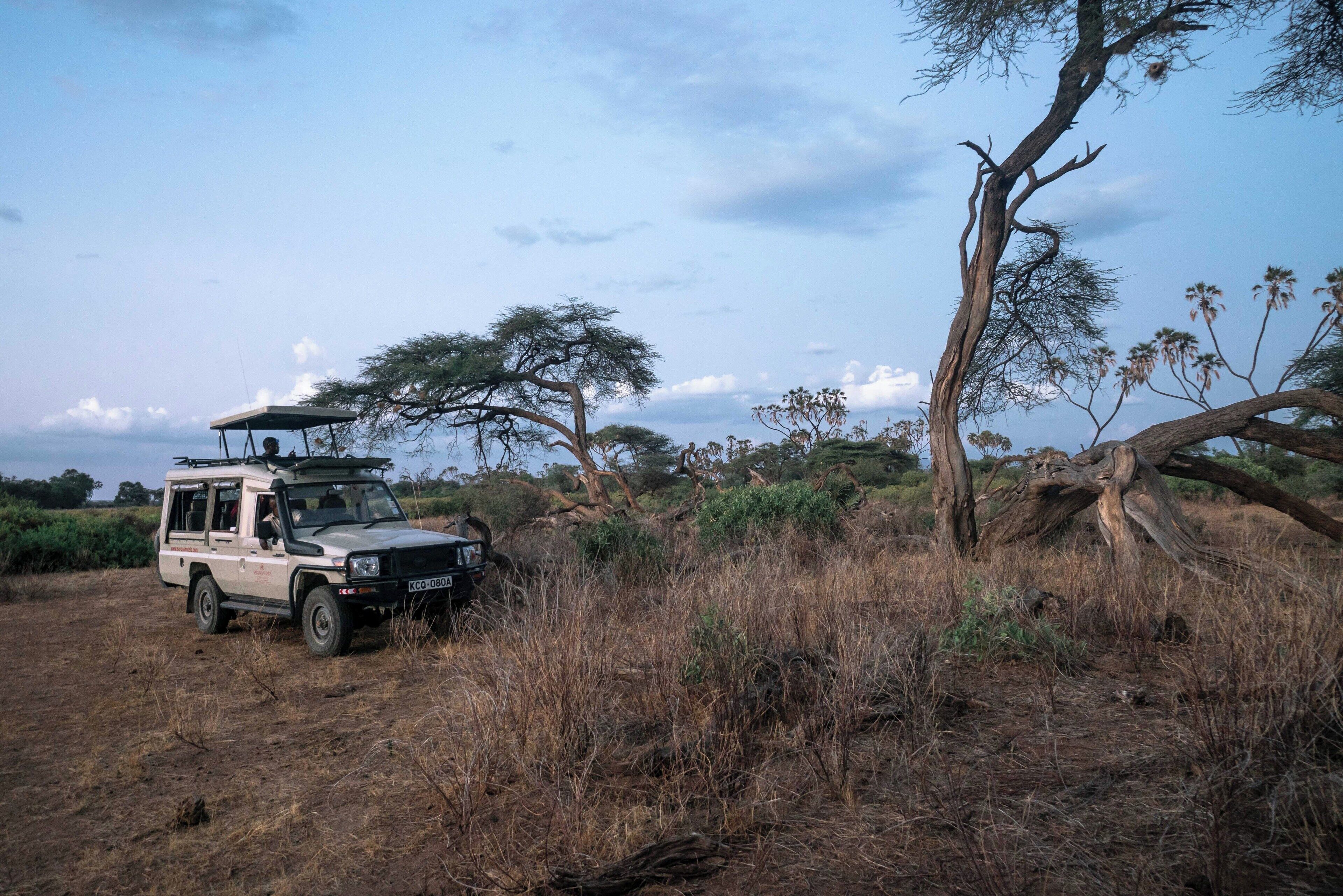 A safari vehicle parked in a dry, grassy area with sparse trees and a clear sky.