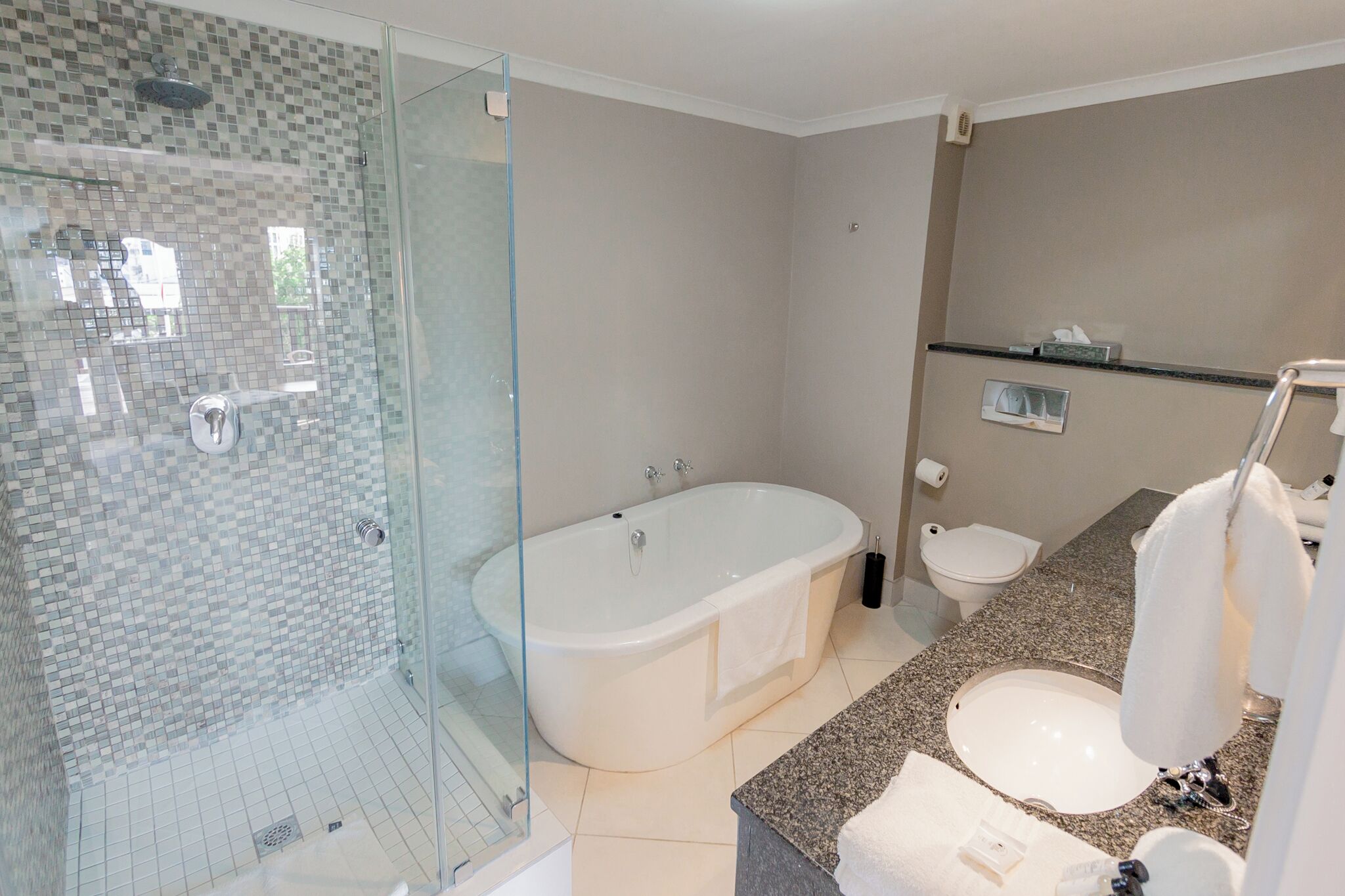 Een moderne badkamer met een douche met glazen wand, een vrijstaand bad, een wastafelmeubel met dubbele wastafel en een toilet.