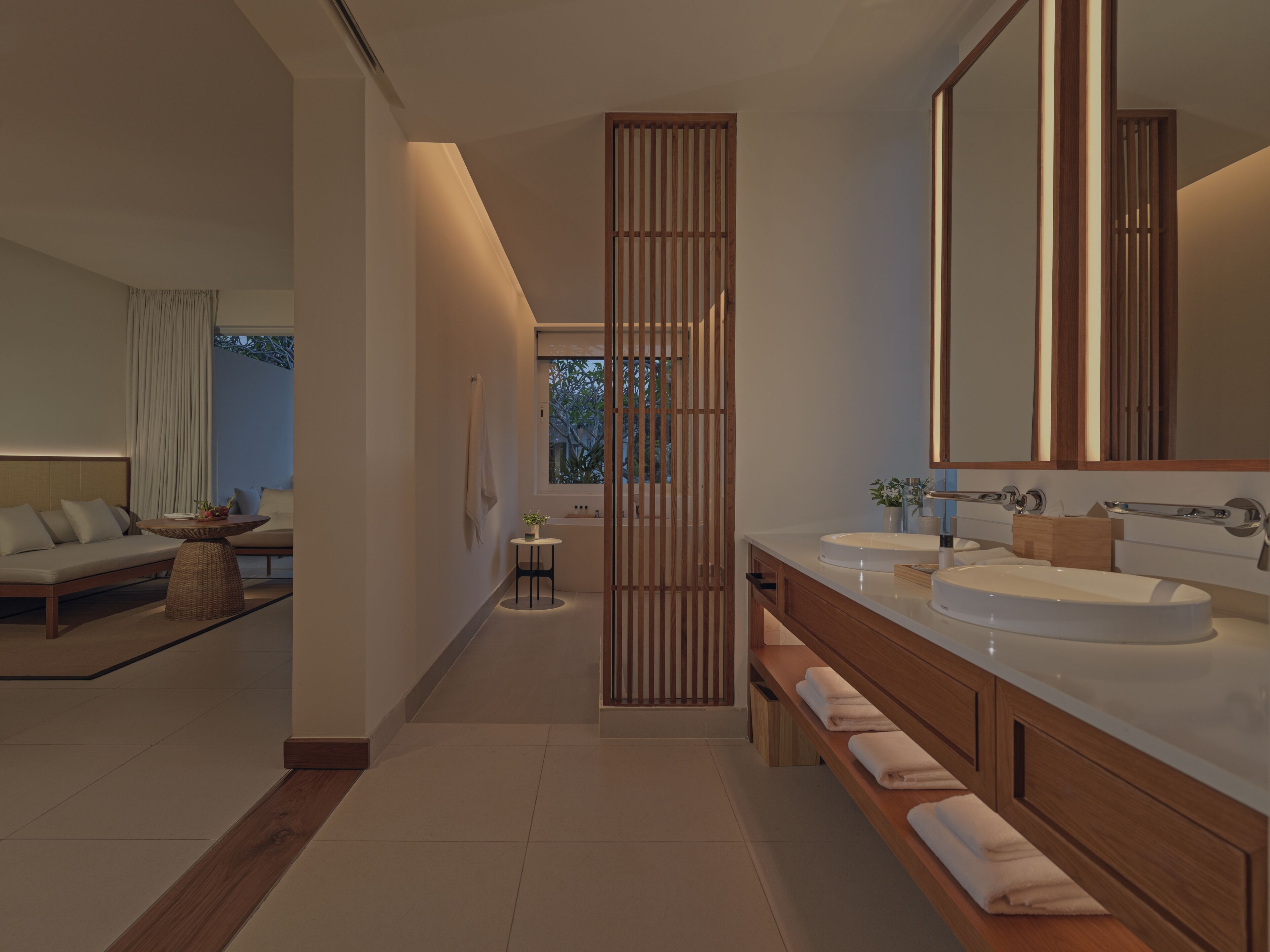 separate bathtub and shower, deep-soaking bathtub, rainfall showerhead