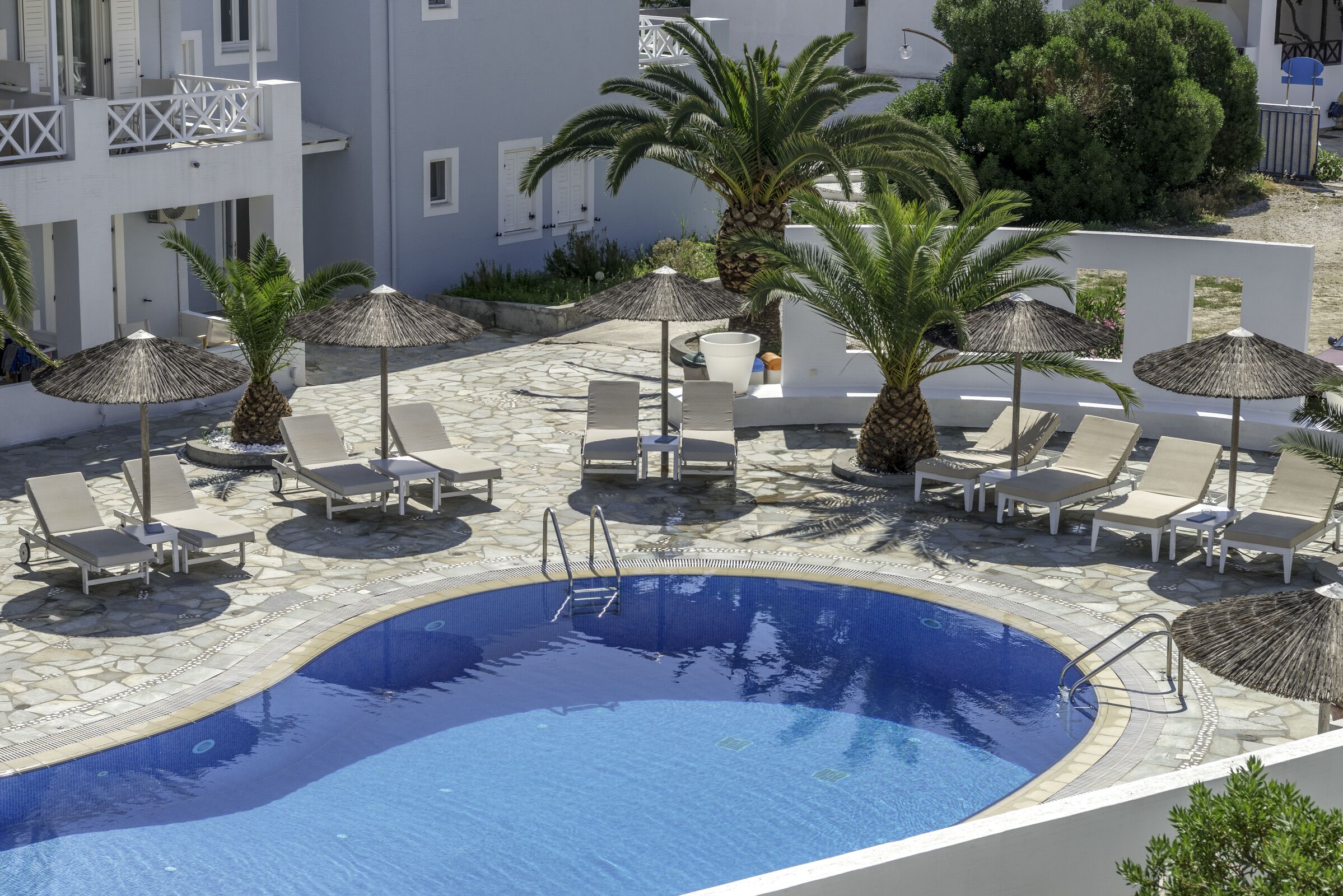 Ein Swimmingpool mit Liegestühlen und Sonnenschirmen, umgeben von Palmen und einer Stegterrasse.
