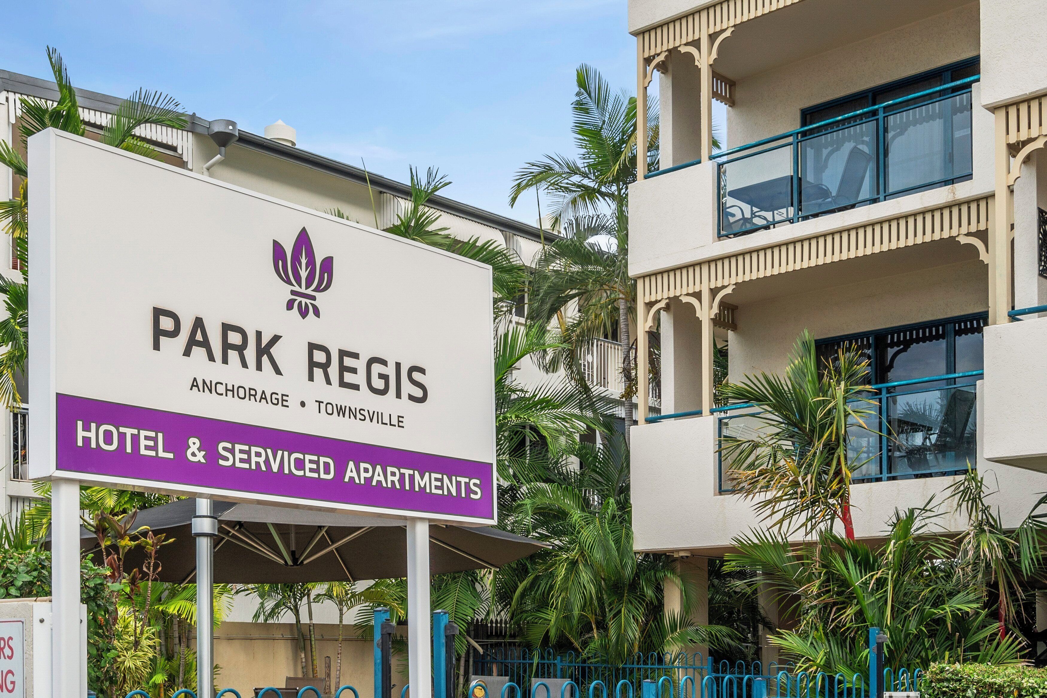 A sign for Park Regis Hotel & Serviced Apartments in Anchorage, Townsville.