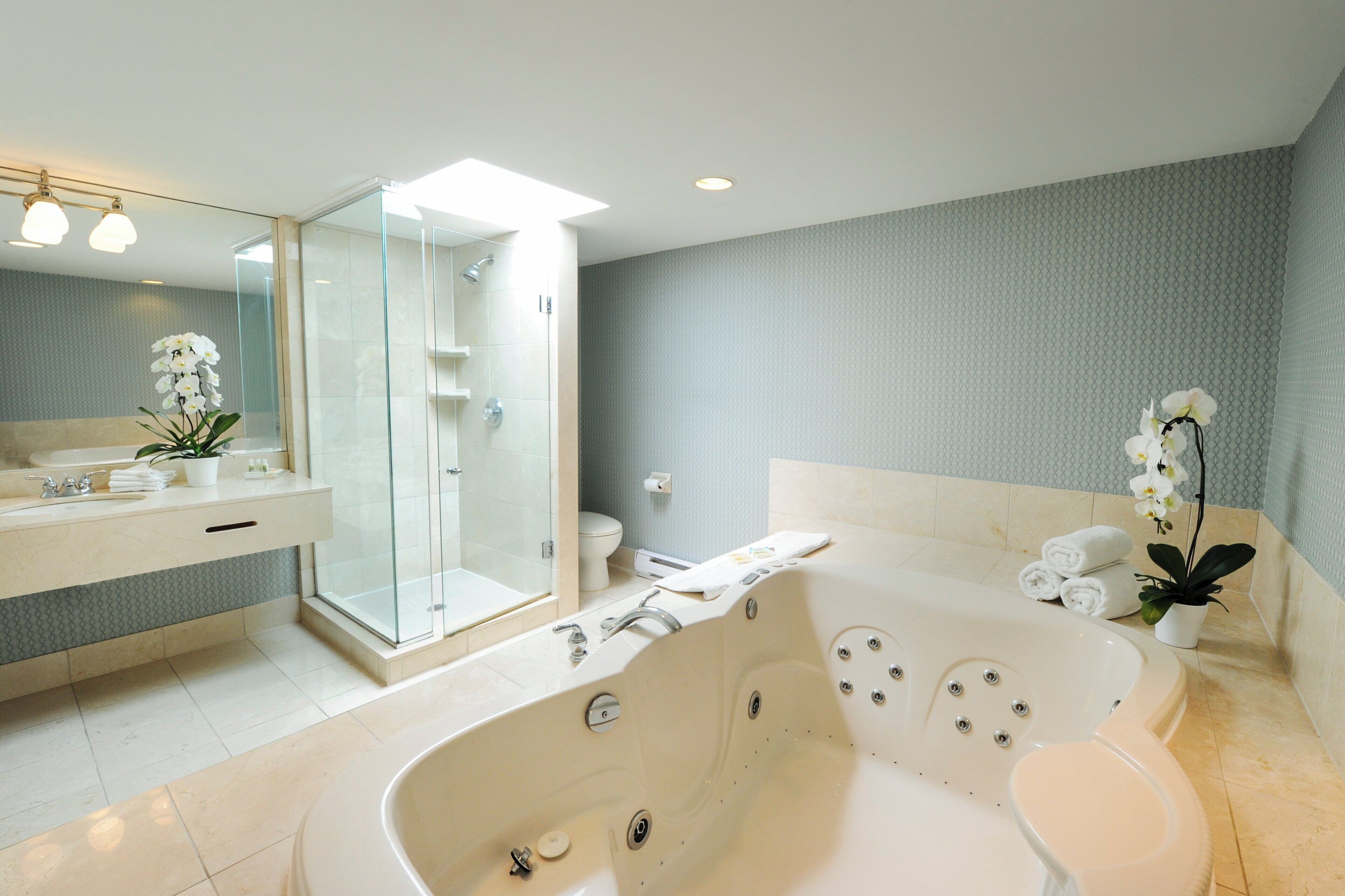 Une salle de bain moderne avec une douche à parois de verre, une baignoire sur pieds et des toilettes.