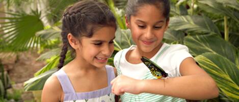 Two children in a garden with lush green foliage.