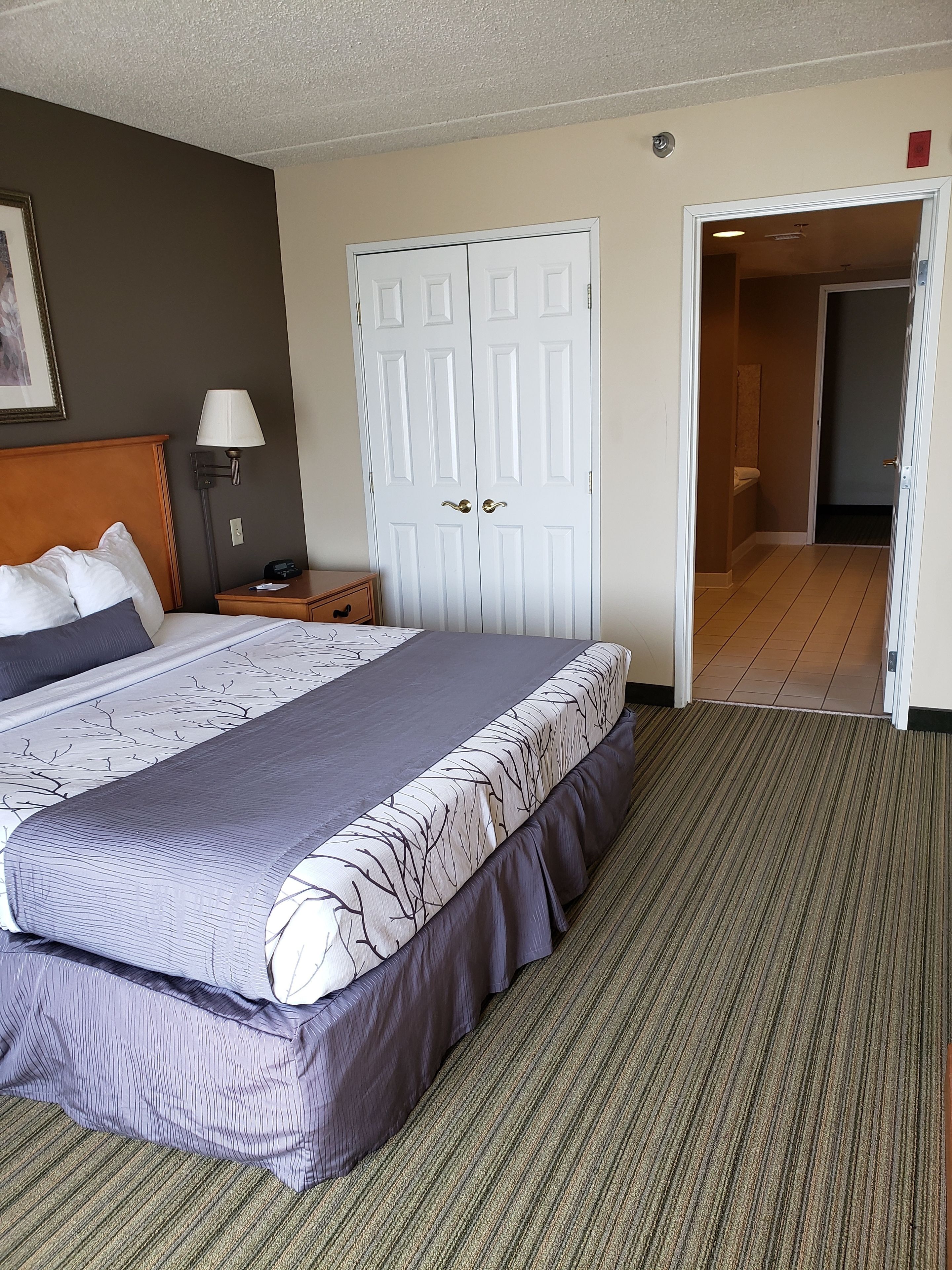Una habitación de hotel con una cama grande, una mesita de noche, una lámpara y un armario.