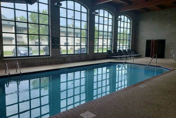 Indoor pool, open 9:00 AM to 10:00 PM, sun loungers
