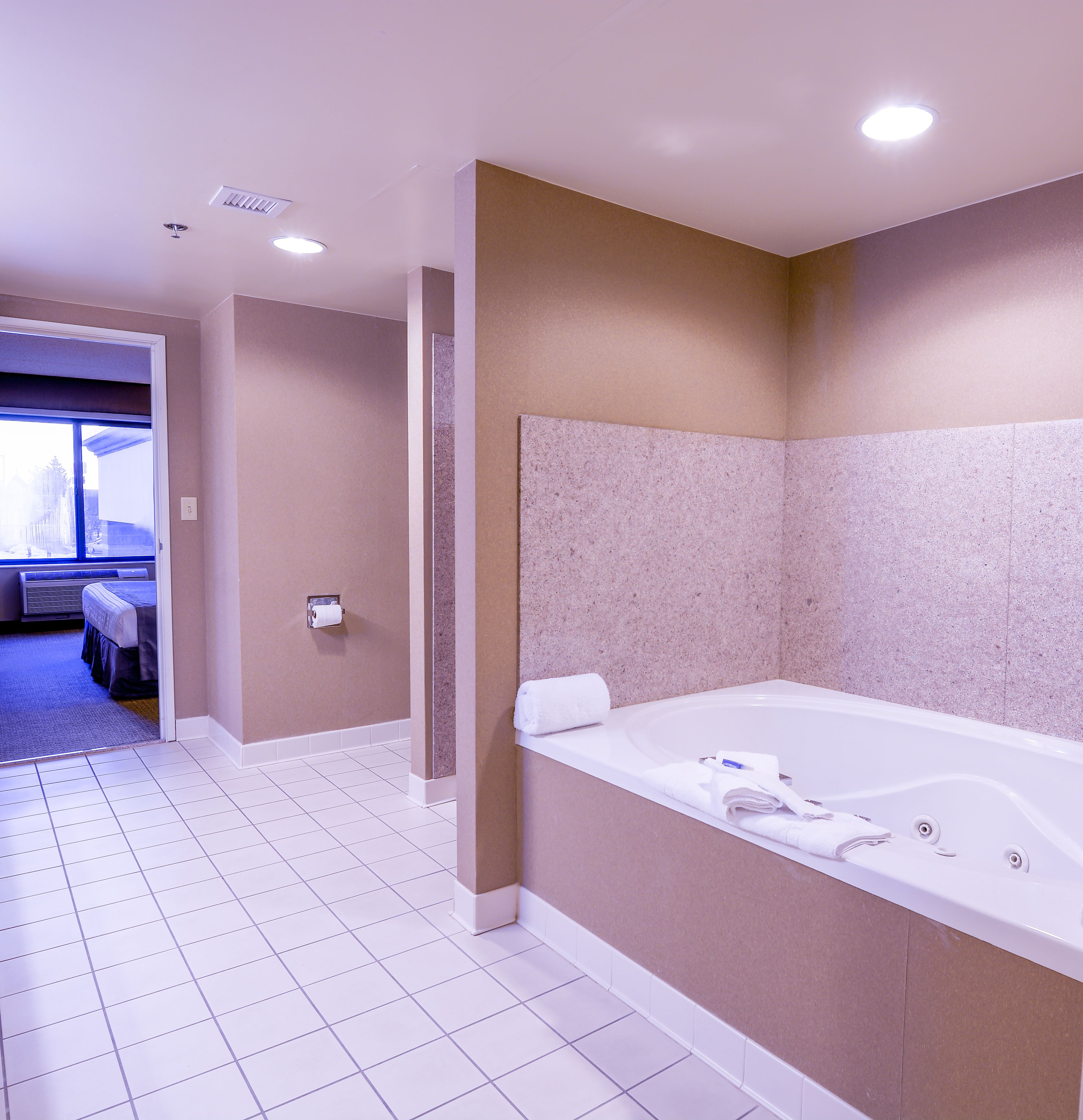 Un baño moderno con una bañera grande, un inodoro y una zona de ducha.