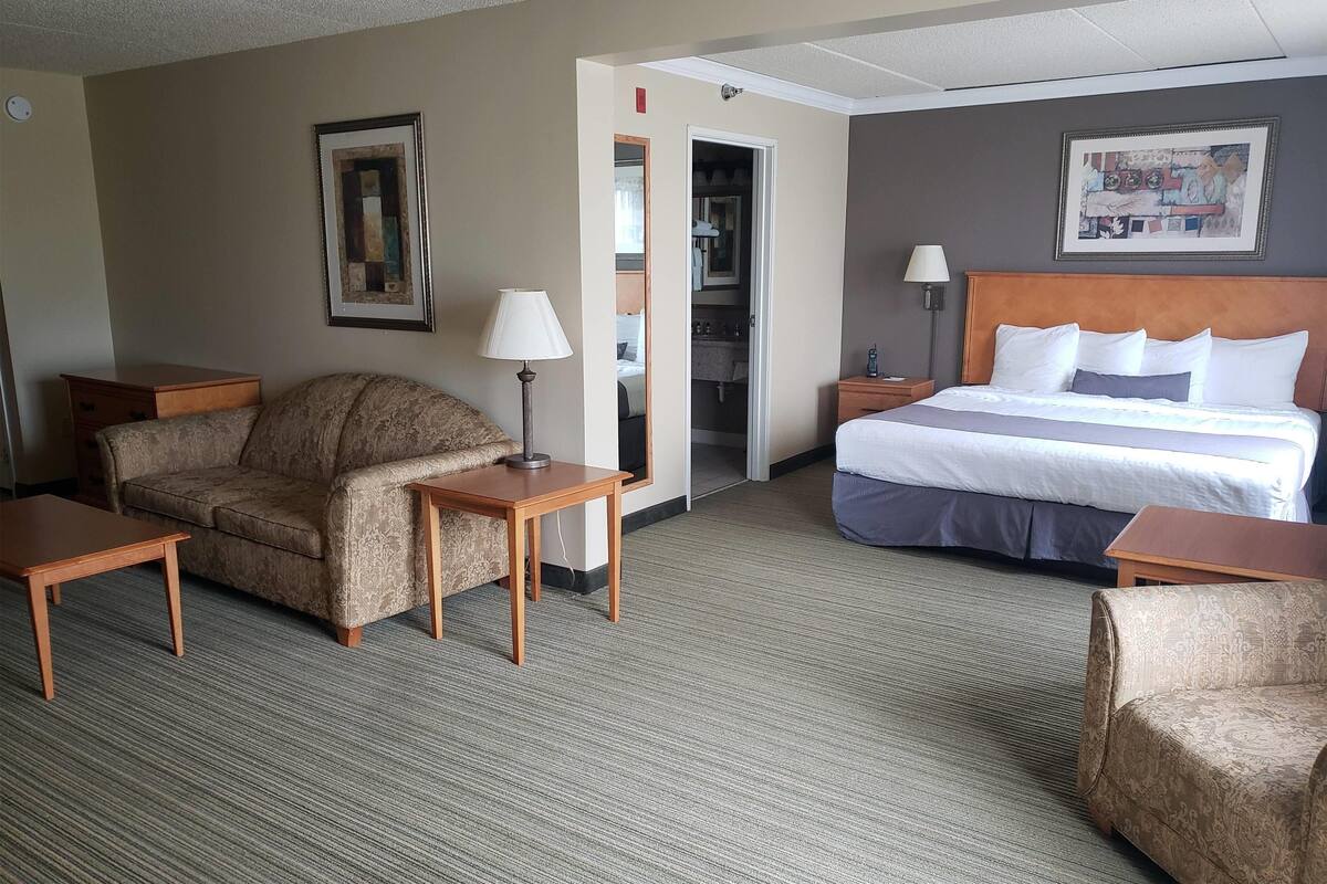 A hotel room with a bed, two sofas, a table, a lamp, and a painting on the wall.