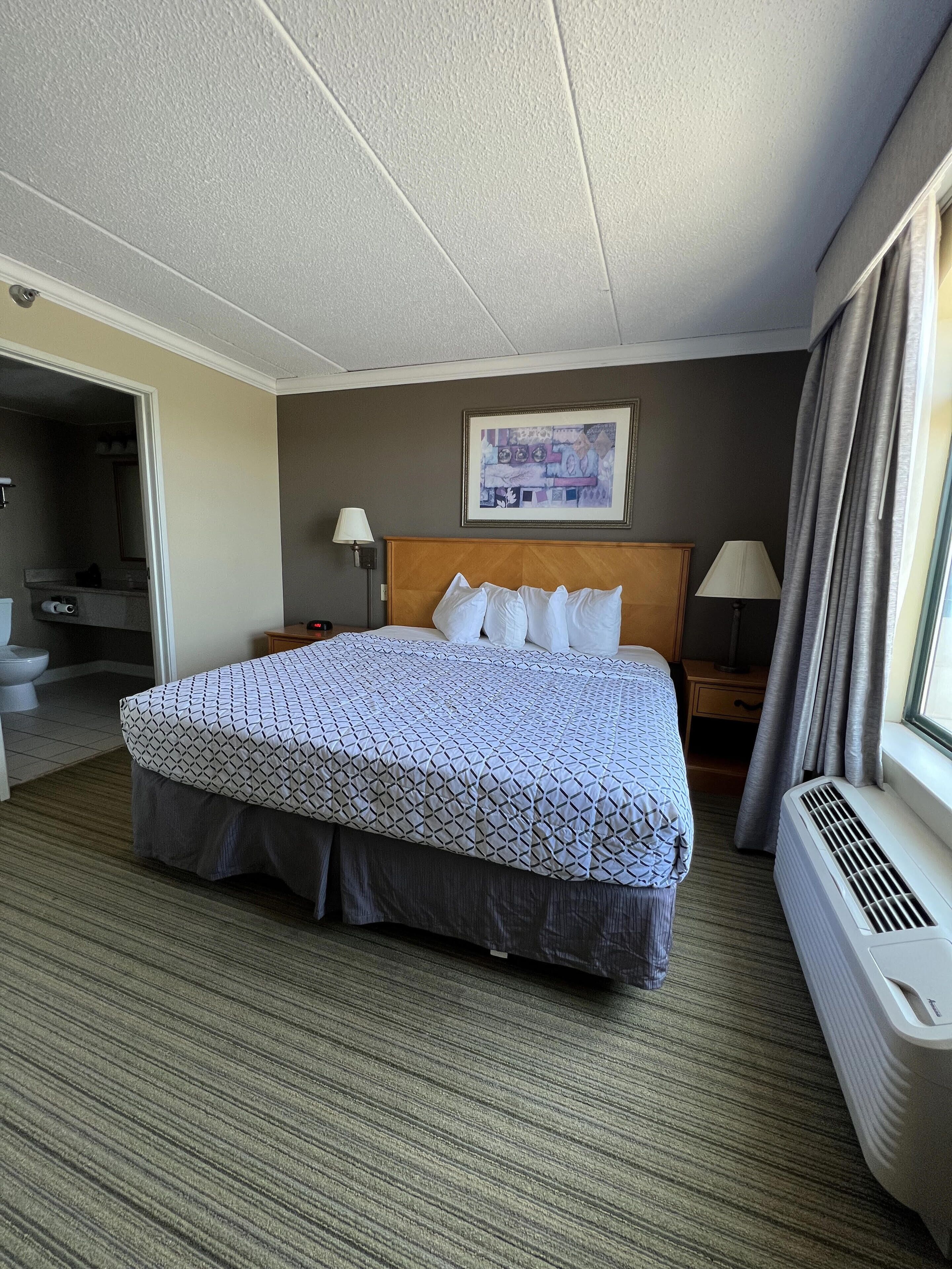 A hotel room with a large bed, a bedside table with a lamp, a wall-mounted artwork, and a window with curtains.