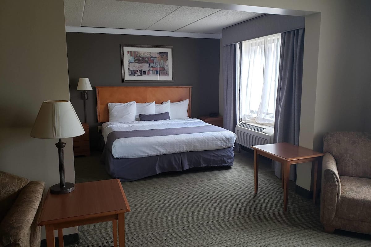A hotel room with a bed, a desk, a chair, a lamp, a painting on the wall, and a window with curtains.