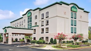 Un hotel de varios pisos con fachada verde y blanca, un llamativo letrero de 'Wingate by Wyndham' y una entrada ajardinada con palmeras y plantas con flores.