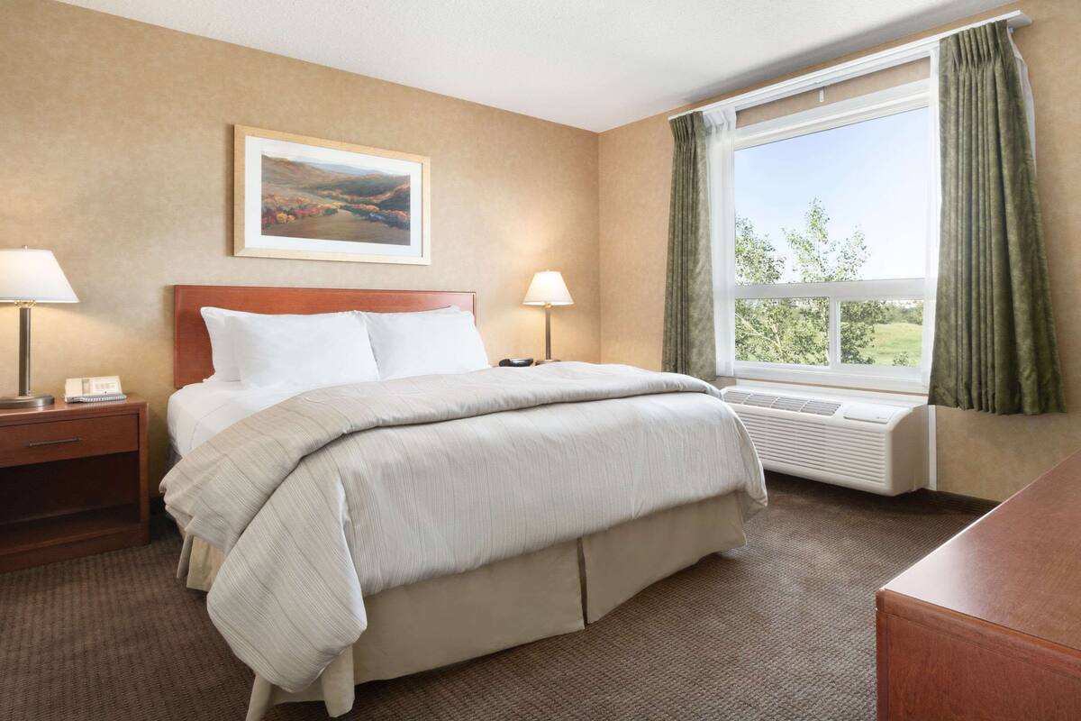 Habitación de hotel con una cama grande, dos mesitas de noche con lámparas, una ventana con cortinas y un cuadro en la pared.