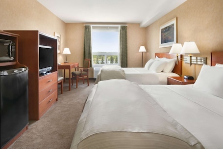 Desk, laptop workspace, blackout drapes, iron/ironing board