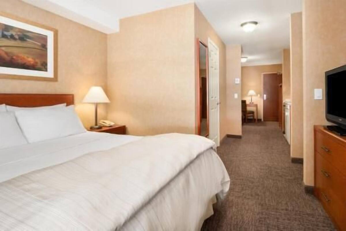 Una habitación de hotel con una cama, un escritorio con lámpara, televisión y un cuadro en la pared.
