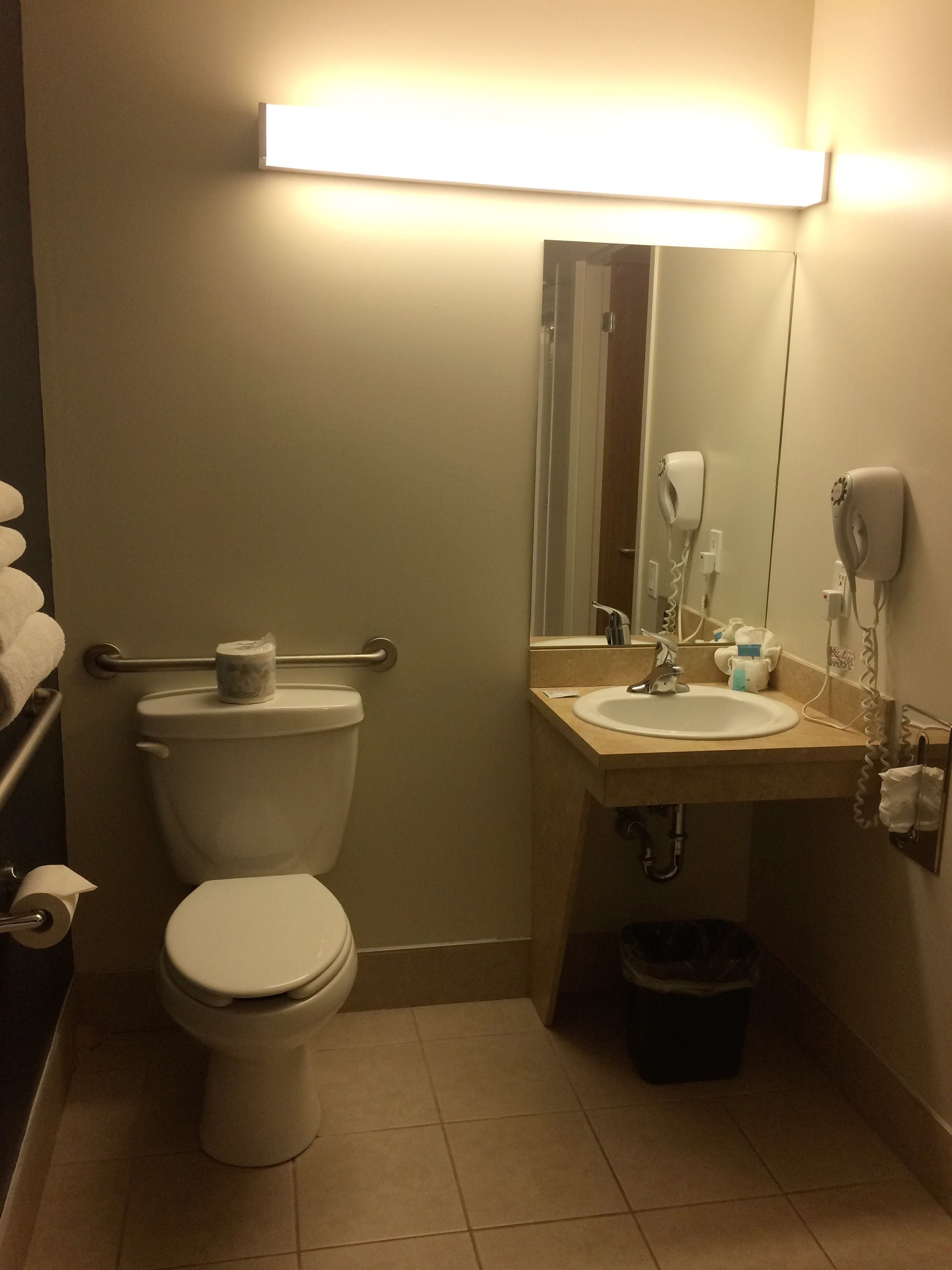 combined shower/bathtub, free toiletries, hair dryer, towels