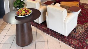 A modern living room with a fireplace, leather sofas, a coffee table with apples, and a large mirror on the wall. - Hôtel TERRA Laurentides (Sainte-Agathe-des-Monts)