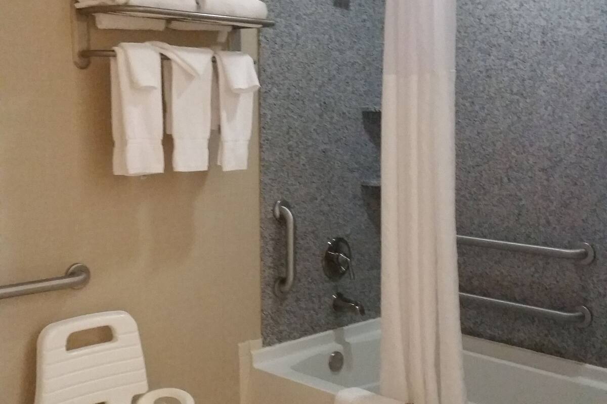 combined shower/bathtub, free toiletries, hair dryer, towels