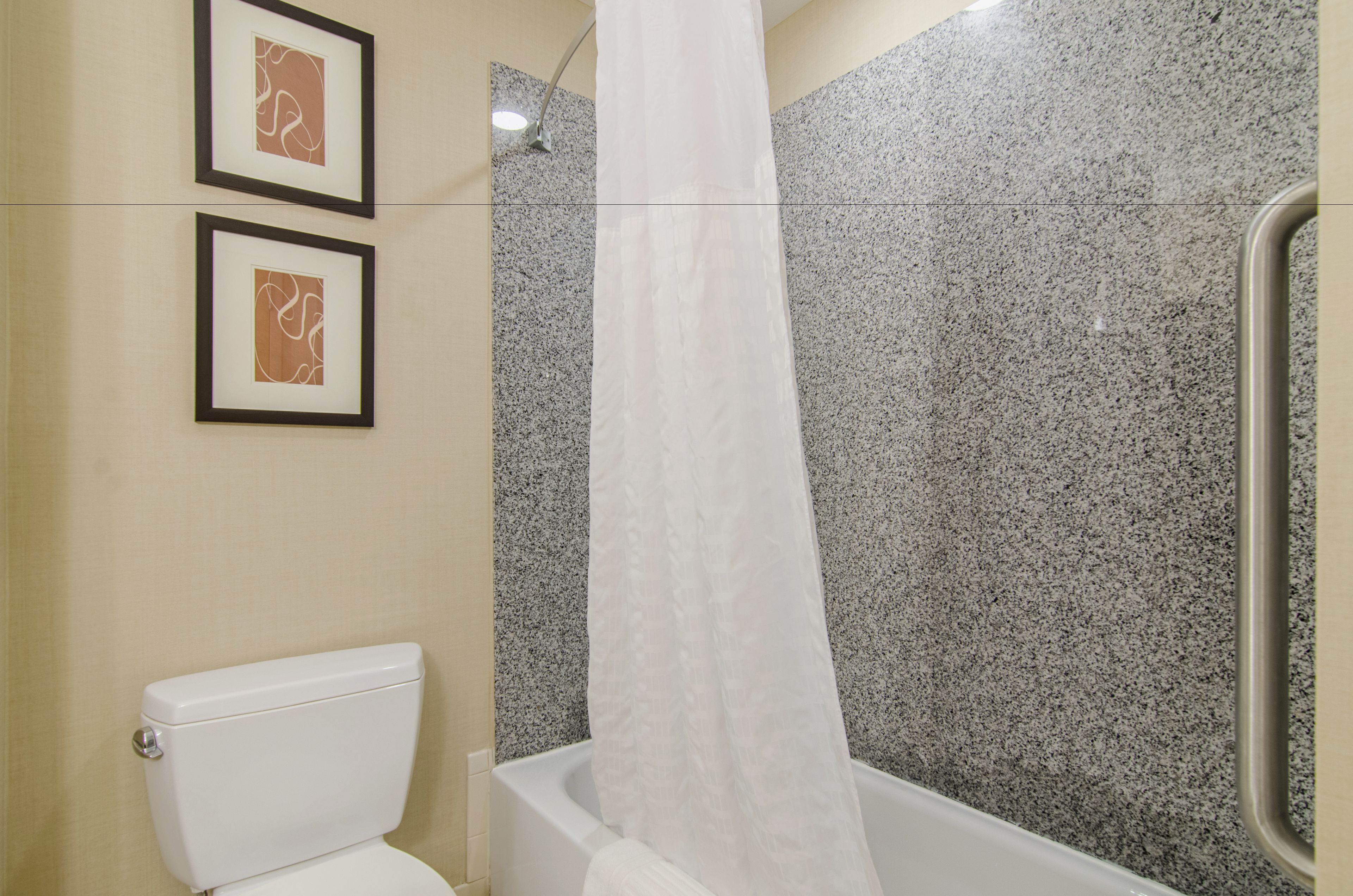 A bathroom with a toilet, a shower with a glass door, and two framed pictures on the wall.