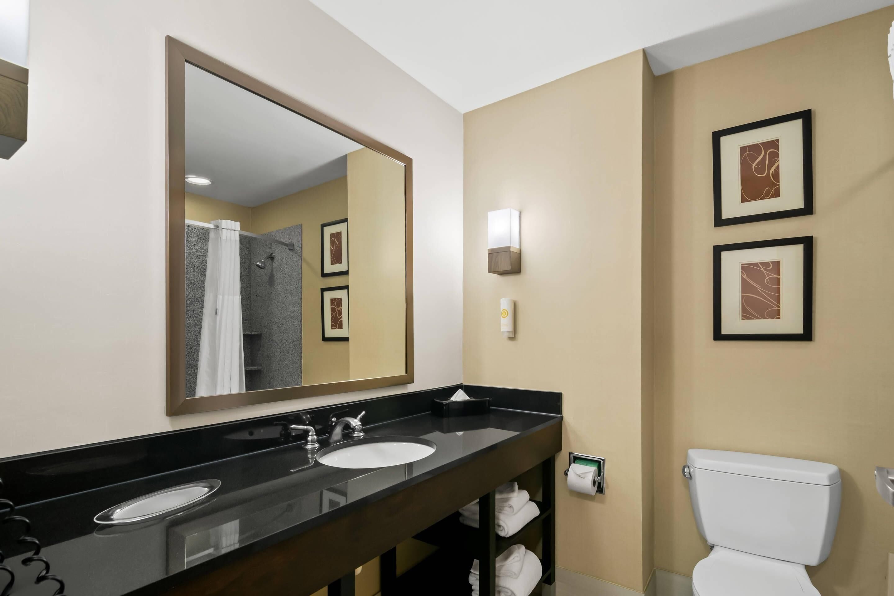Une salle de bain d’hôtel avec un meuble-lavabo noir, deux vasques, des toilettes, une douche et des œuvres d’art encadrées accrochées au mur.