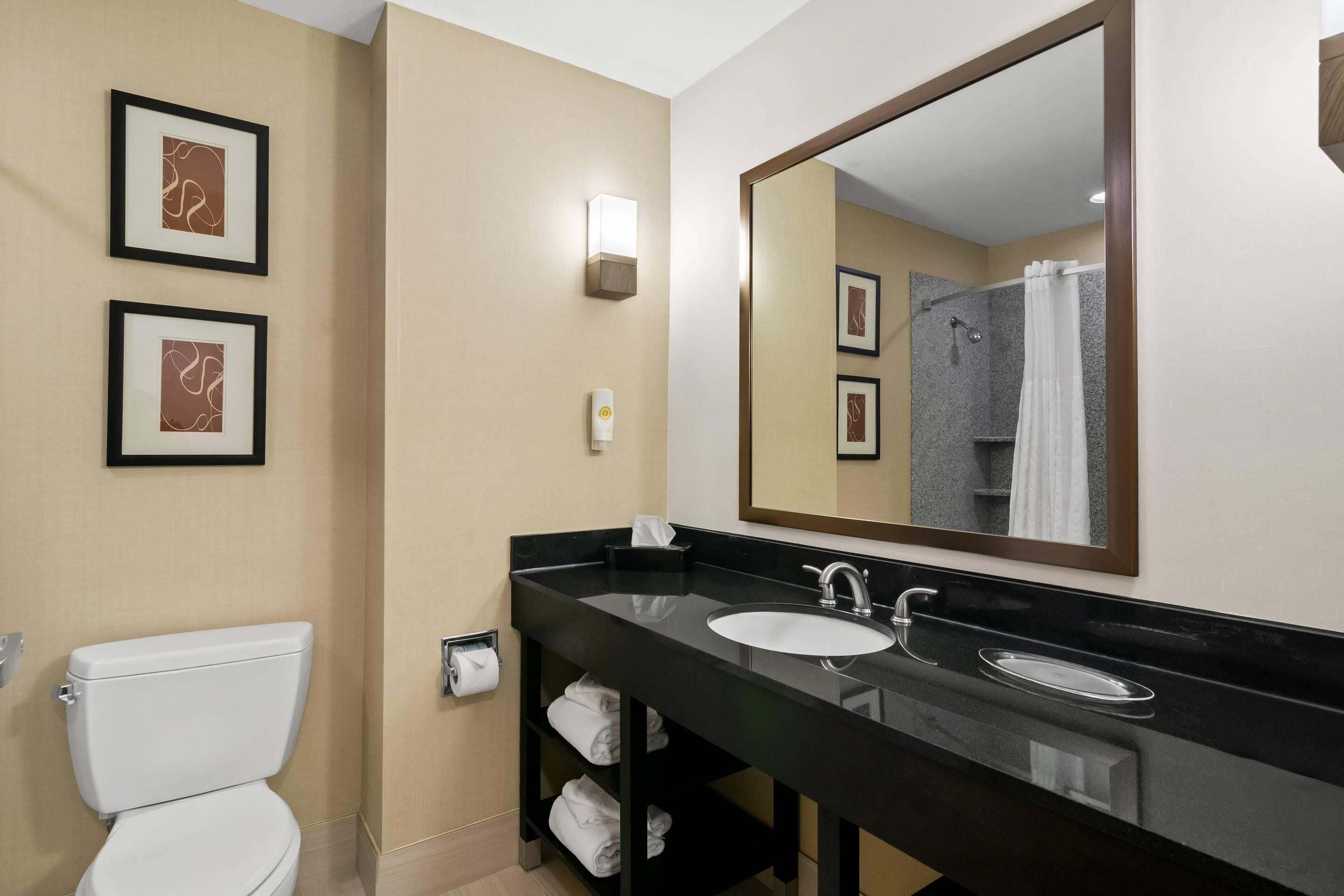 Un baño moderno con un lavamanos negro, inodoro blanco y un espejo grande. Hay cuadros enmarcados en la pared y un perchero debajo del lavamanos.