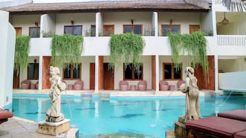 Outdoor pool, pool umbrellas, pool loungers