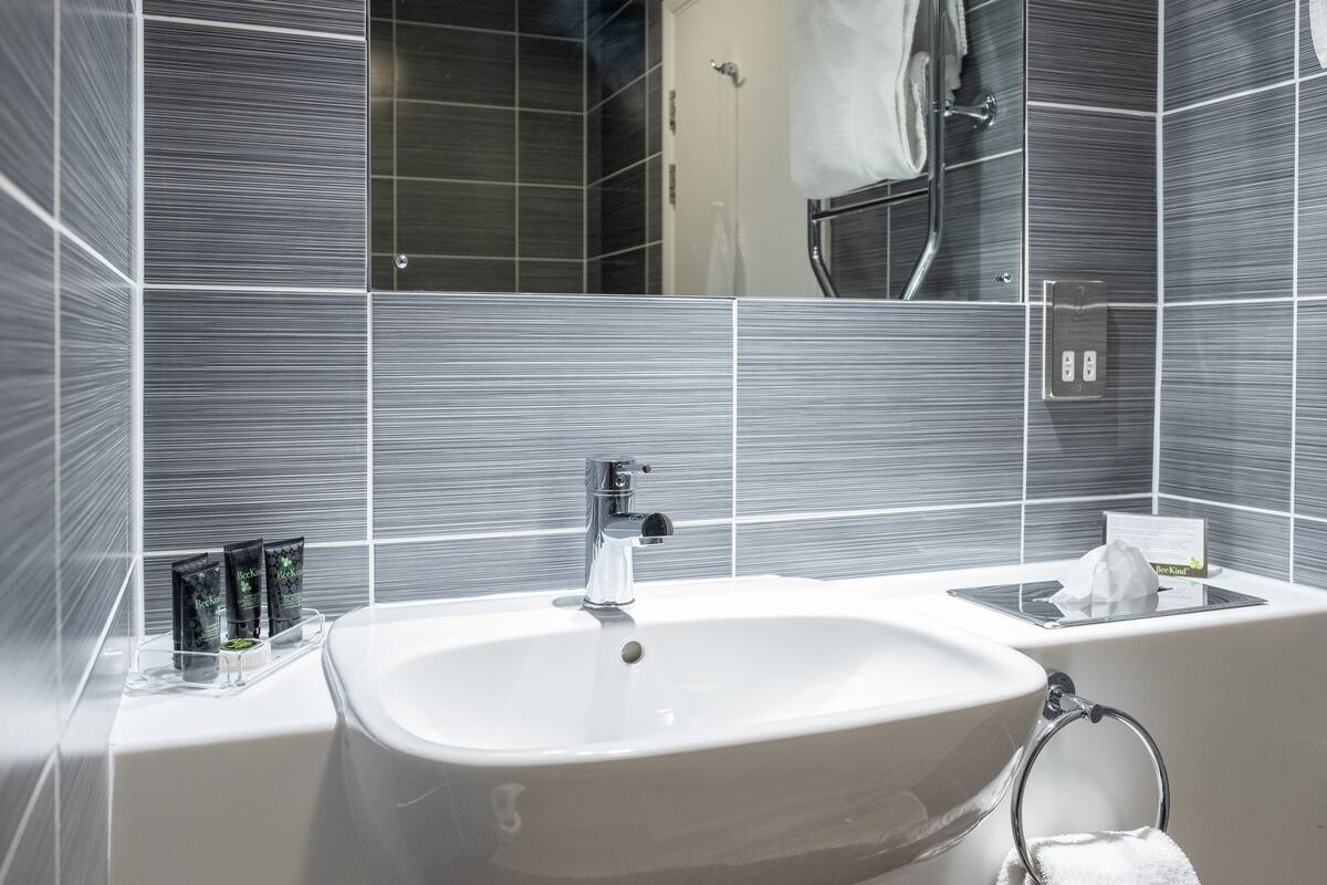 shower, free toiletries, hair dryer, towels