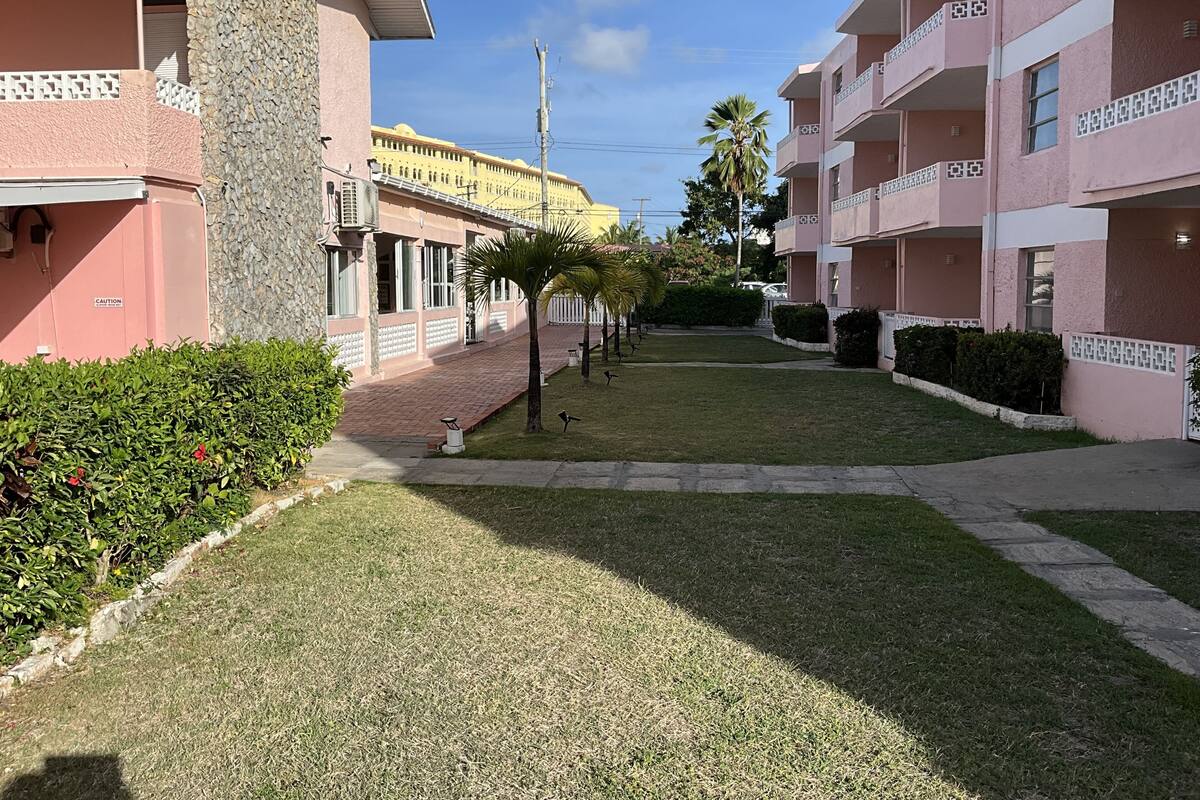 A residential building with a paved walkway, a palm tree, and a hedge.