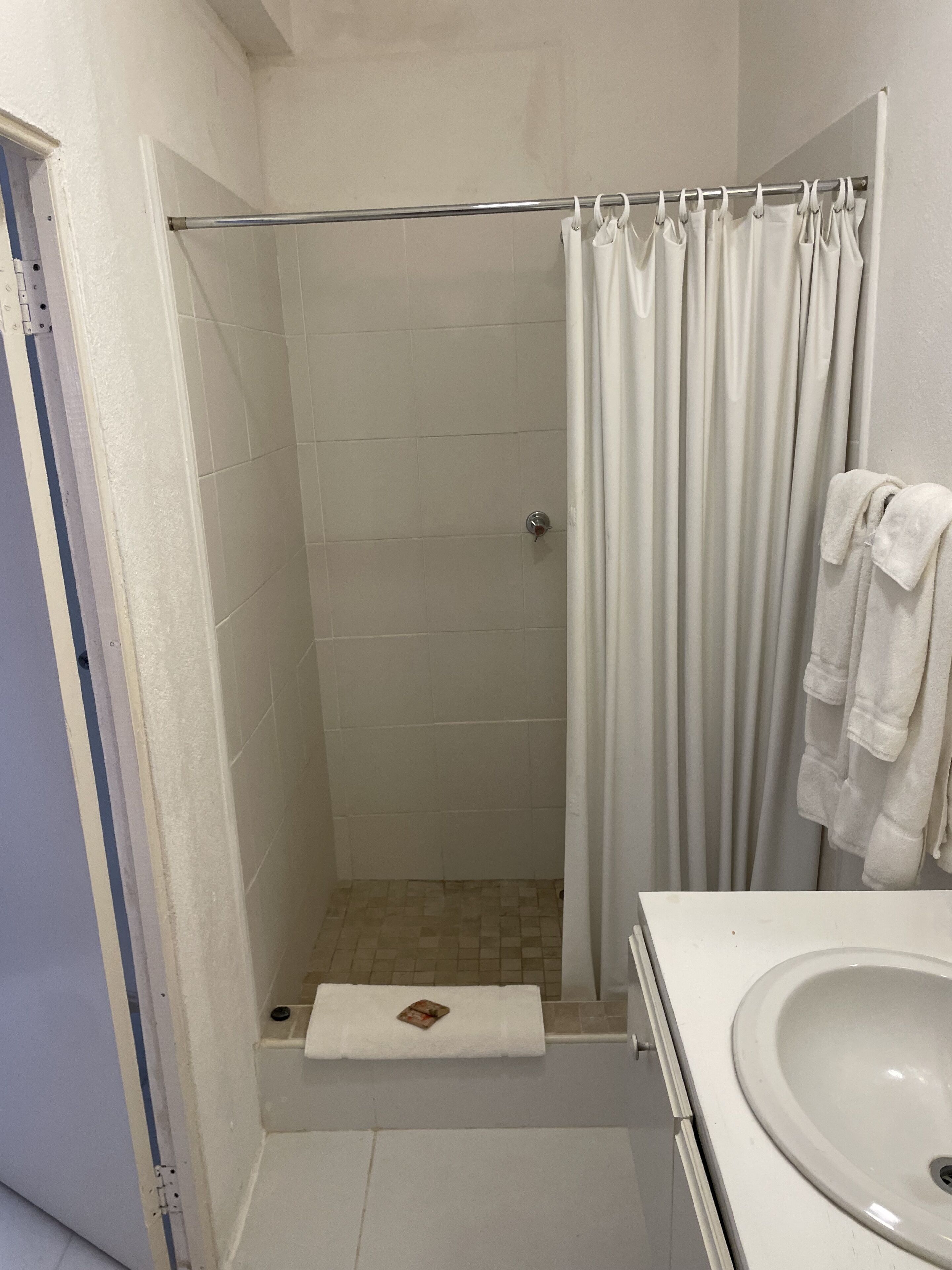 A small, enclosed shower area with a glass door, a white sink, and a towel rack with towels.