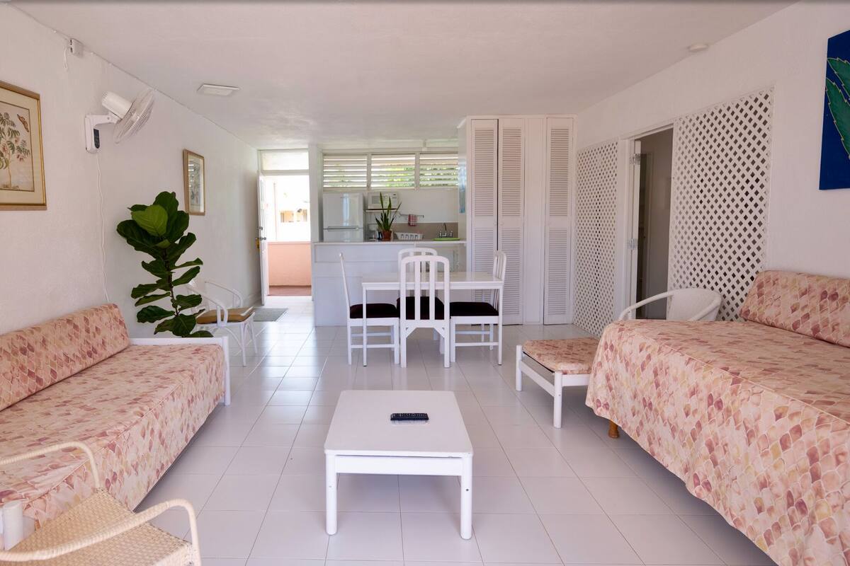 A bright, well-lit room with a dining area, two sofas, a coffee table, and a kitchen in the background.