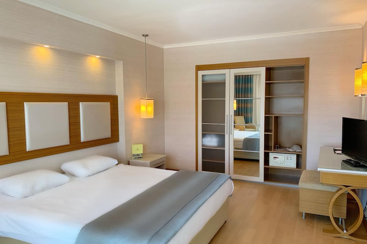 A hotel room with a bed, a desk, a TV, and a wardrobe with a mirror.