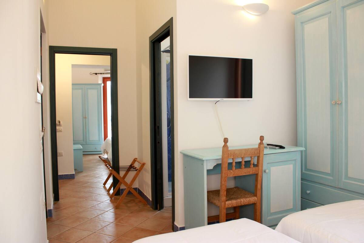 A bedroom with a bed, a desk with a chair, a television mounted on the wall, and a wardrobe.