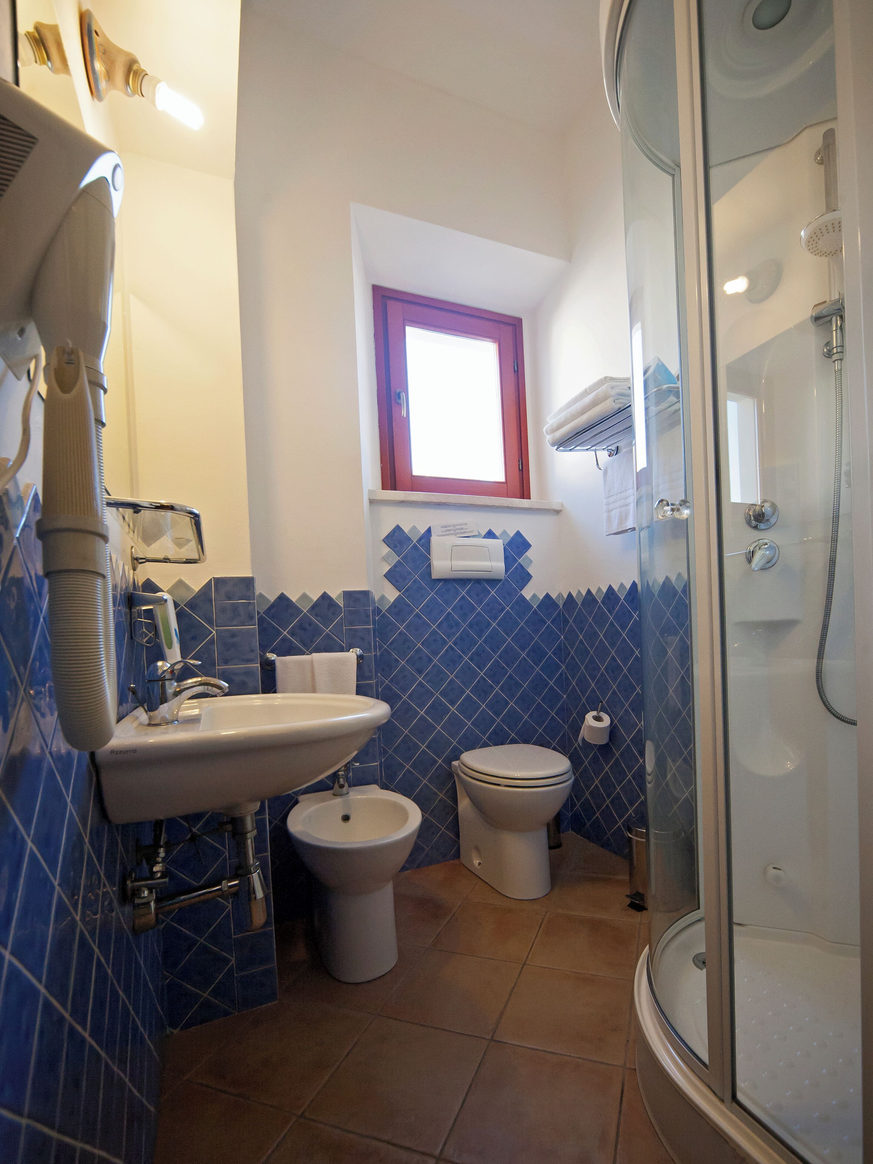 hair dryer, bidet, towels, soap