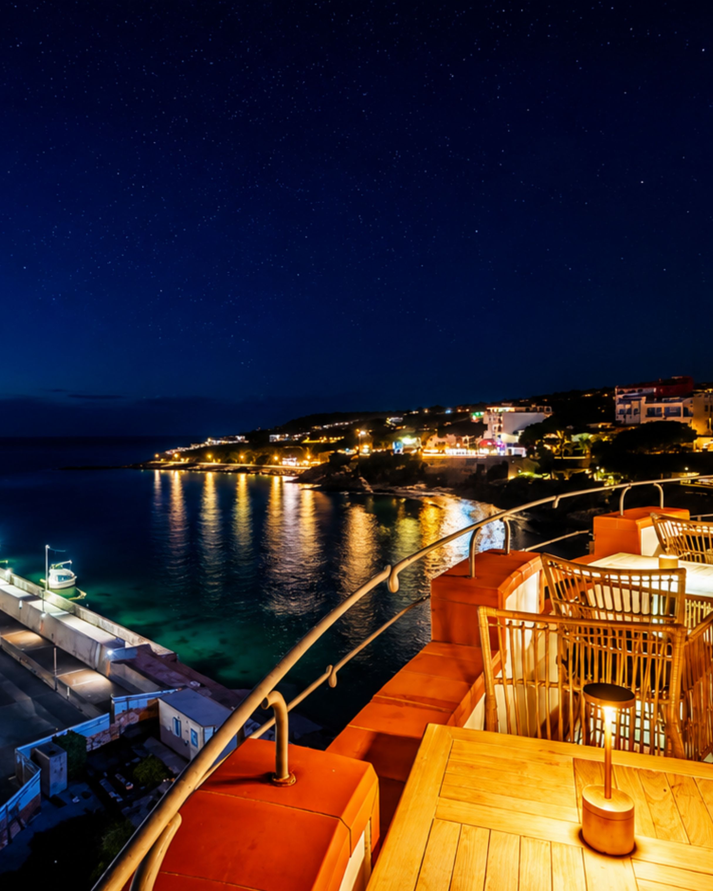 A nighttime view from a balcony overlooking a coastal area with a dining area featuring wooden furniture and a view of the sea.