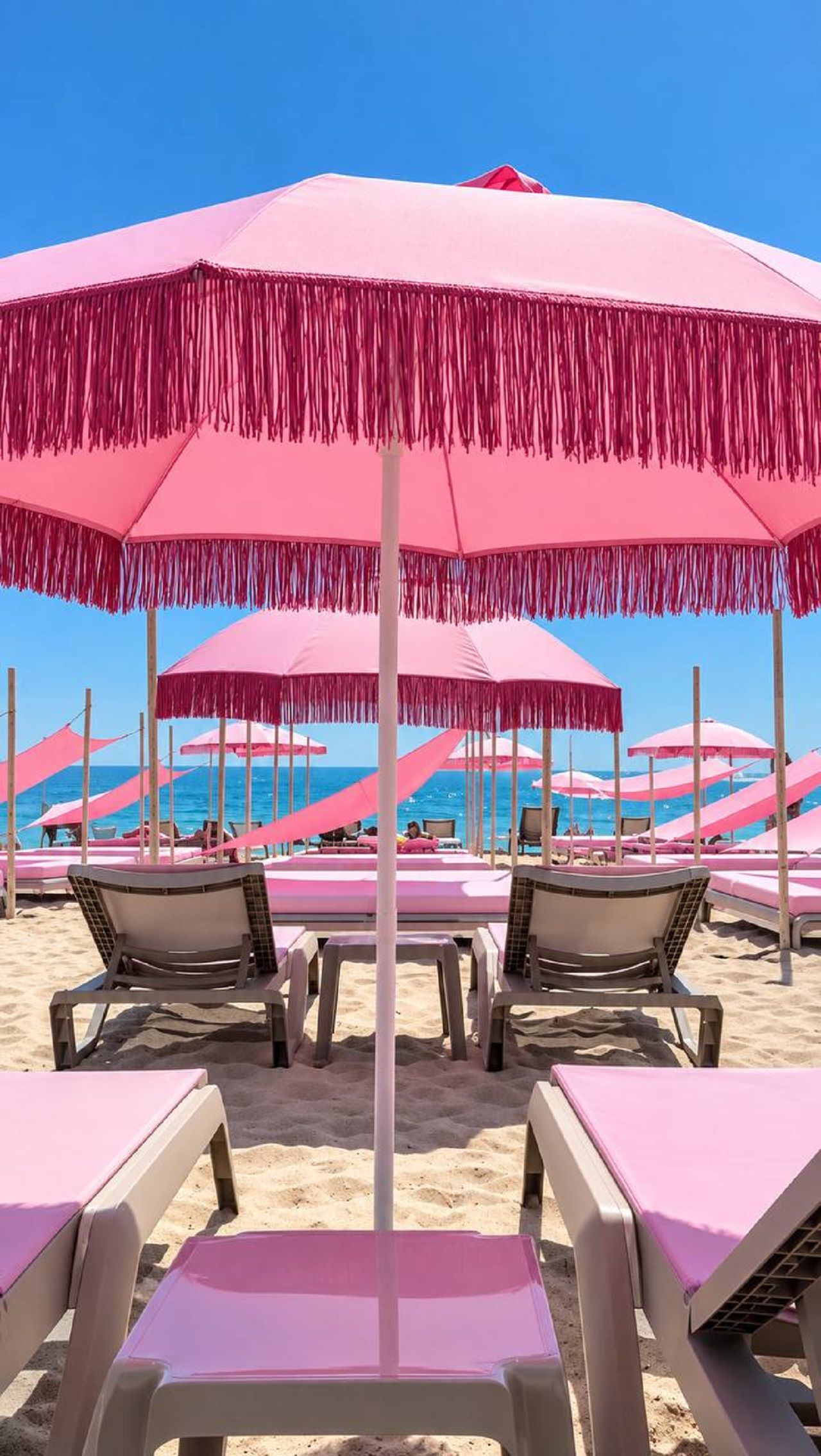 Una playa con hileras de sombrillas rosas y sillas de descanso.