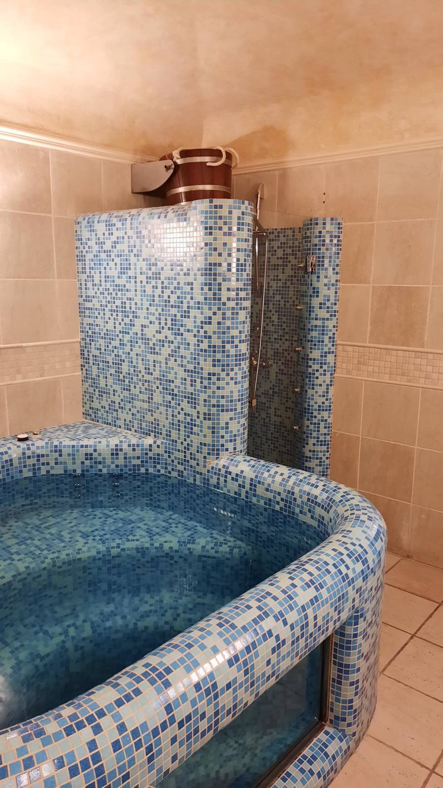 A hot tub with mosaic tile walls and a shower area.