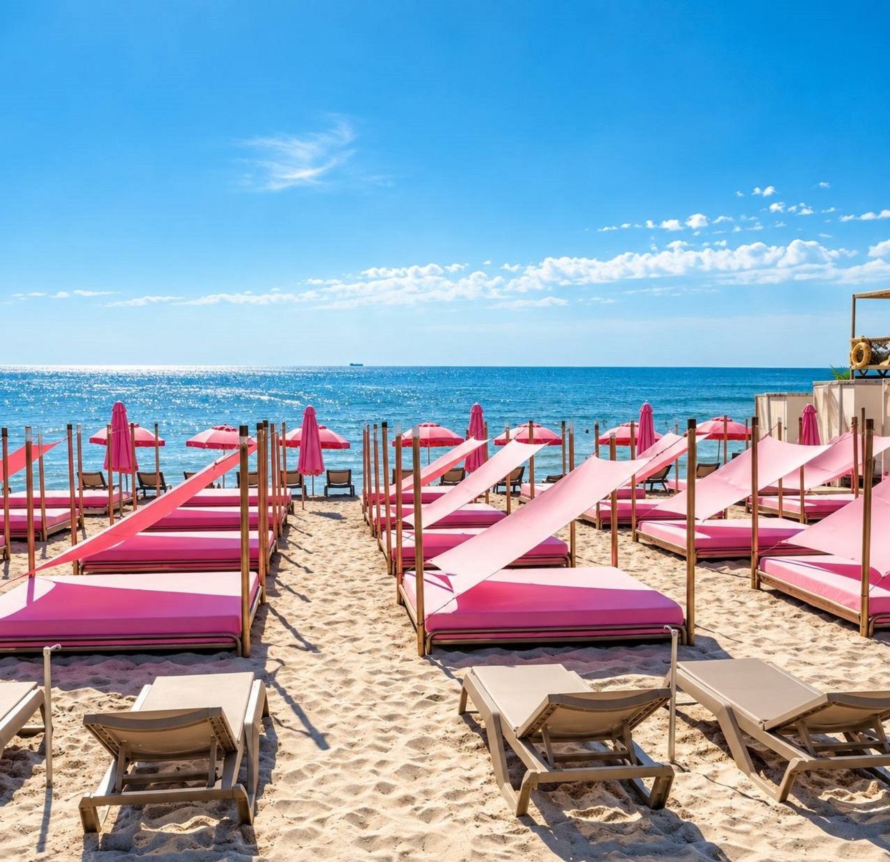 Ein Strand mit Reihen von Liegestühlen und Sonnenschirmen, ein klarer Himmel und das Meer im Hintergrund.