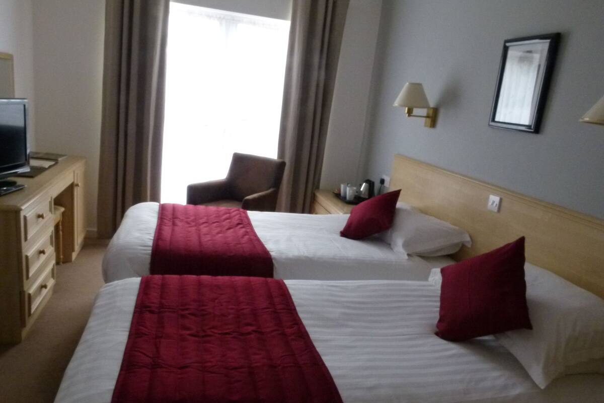 Habitación de hotel con dos camas, televisión, una silla y una lámpara.