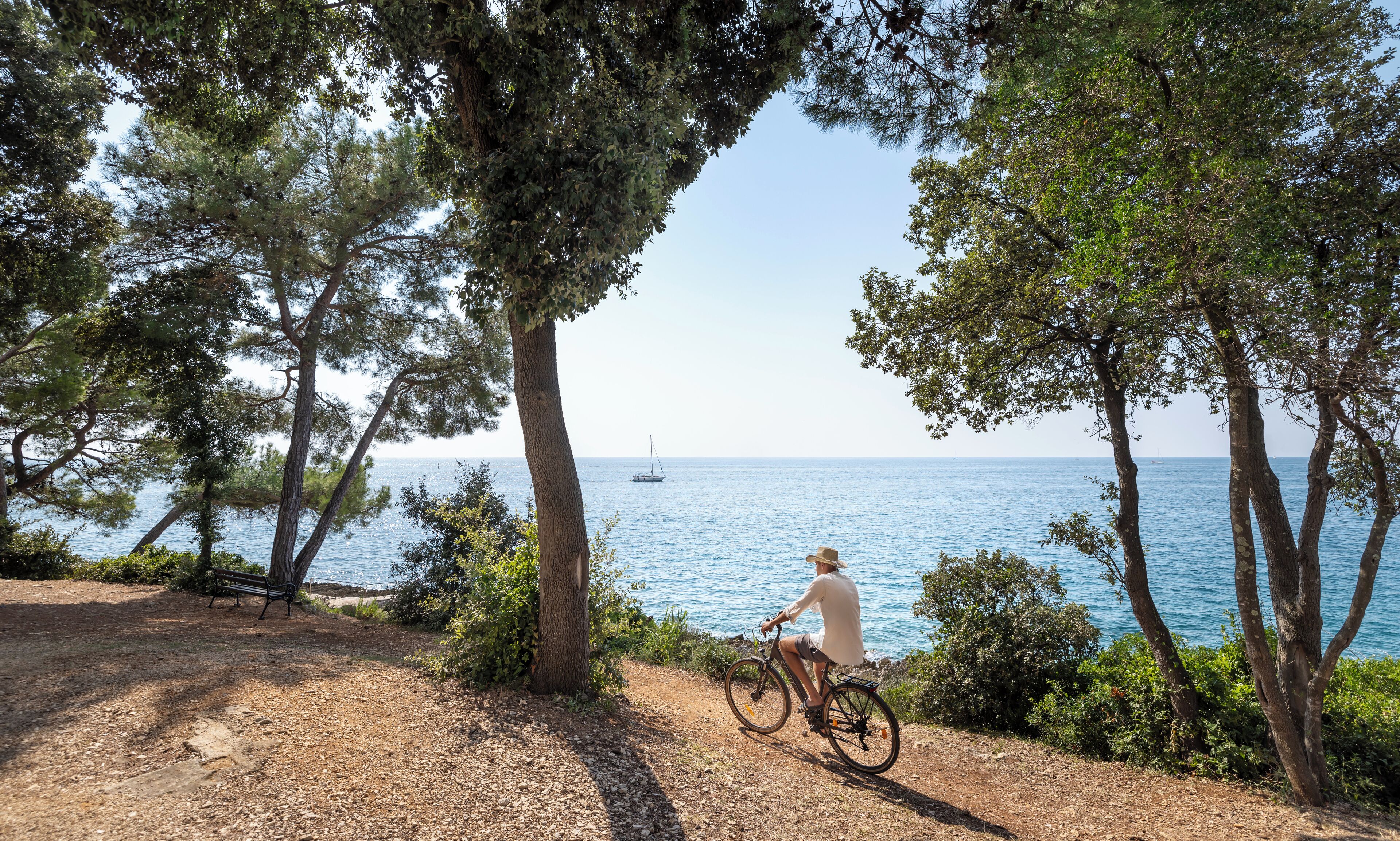 Una persona pedaleando en bicicleta por un sendero de tierra, con árboles y vista al mar.