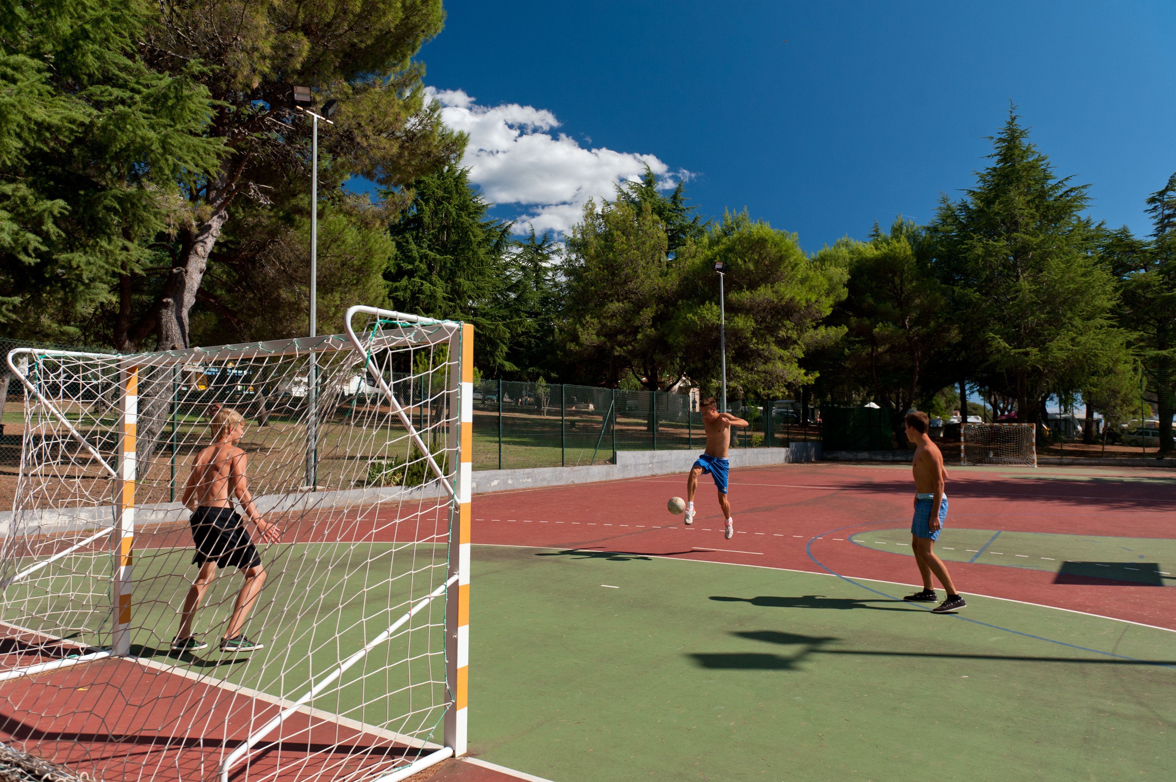 An outdoor sports court with a goalpost, surrounded by trees and a clear sky.