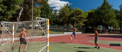 En utomhusplan för sportaktiviteter med ett mål, omgiven av träd och en klar himmel.