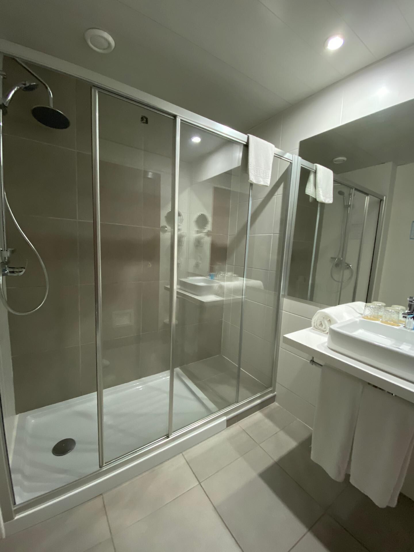 A modern bathroom with a glass-enclosed shower, a white sink, and a mirror.