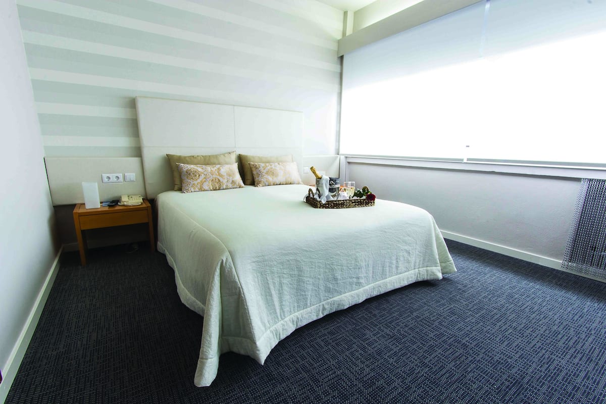 A hotel room with a large bed, a bedside table with a lamp, and a window with a view.