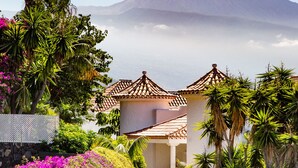A pathway leading to a traditional building with a tiled roof, surrounded by lush greenery and a mountain in the background.