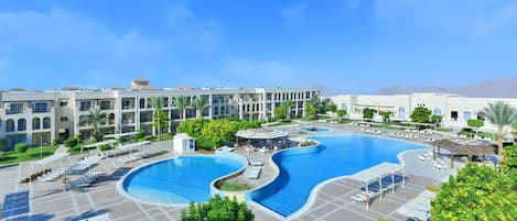 12 outdoor pools, pool umbrellas, sun loungers