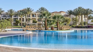 12 outdoor pools, pool umbrellas, sun loungers